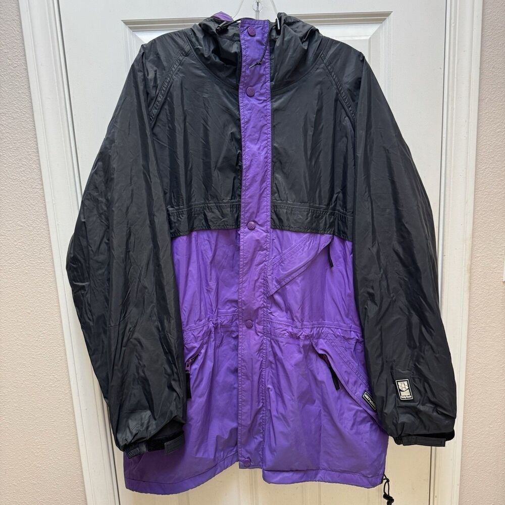 VTG Helly Hansen Men’s Packable Multi-Pocket Black Purple Rain Jacket Sz L